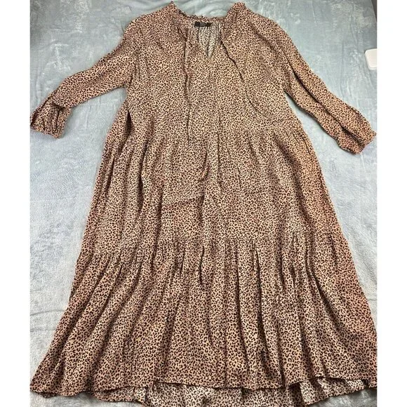 VICI Tiered Midi Dress Size Medium Tan/Black Leopard/Cheetah Print Tie Front - Picture 12 of 16